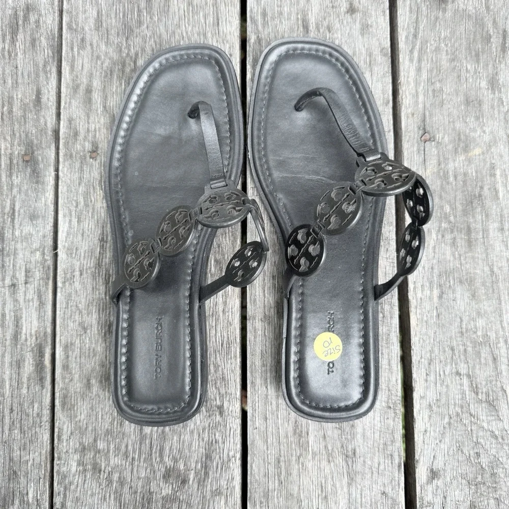 Tory Burch Tiny Mini Miller Sandals Thong Leather Flats Size 10 Black EUC